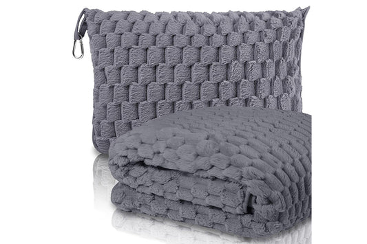 2 in 1 Jacquard Travel Pillow and Blanket Set Packable Travel Blanket for Airplane Car -Grey