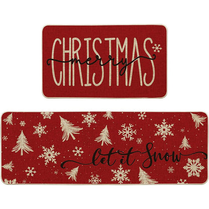2Pcs Merry Christmas Kitchen Rugs Holiday Print Mats Home Kitchen Decor