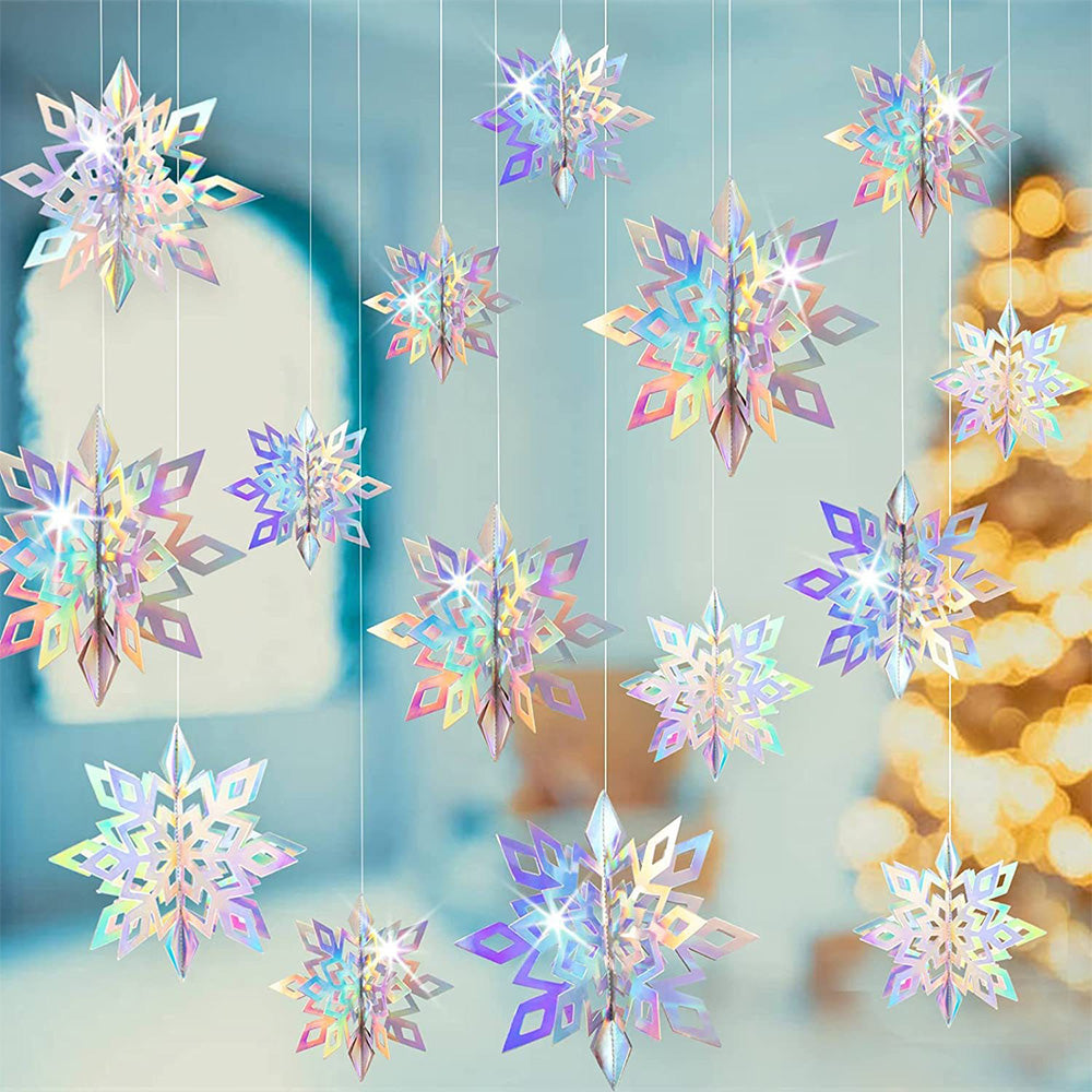 3D Paper Snowflake Hanging Decor Christmas Tree & Party Ornaments Iridescent Silver
