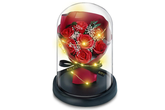 Rose in Glass Dome Handmade Preserved Flower Decoration Dome with Led LightsRed