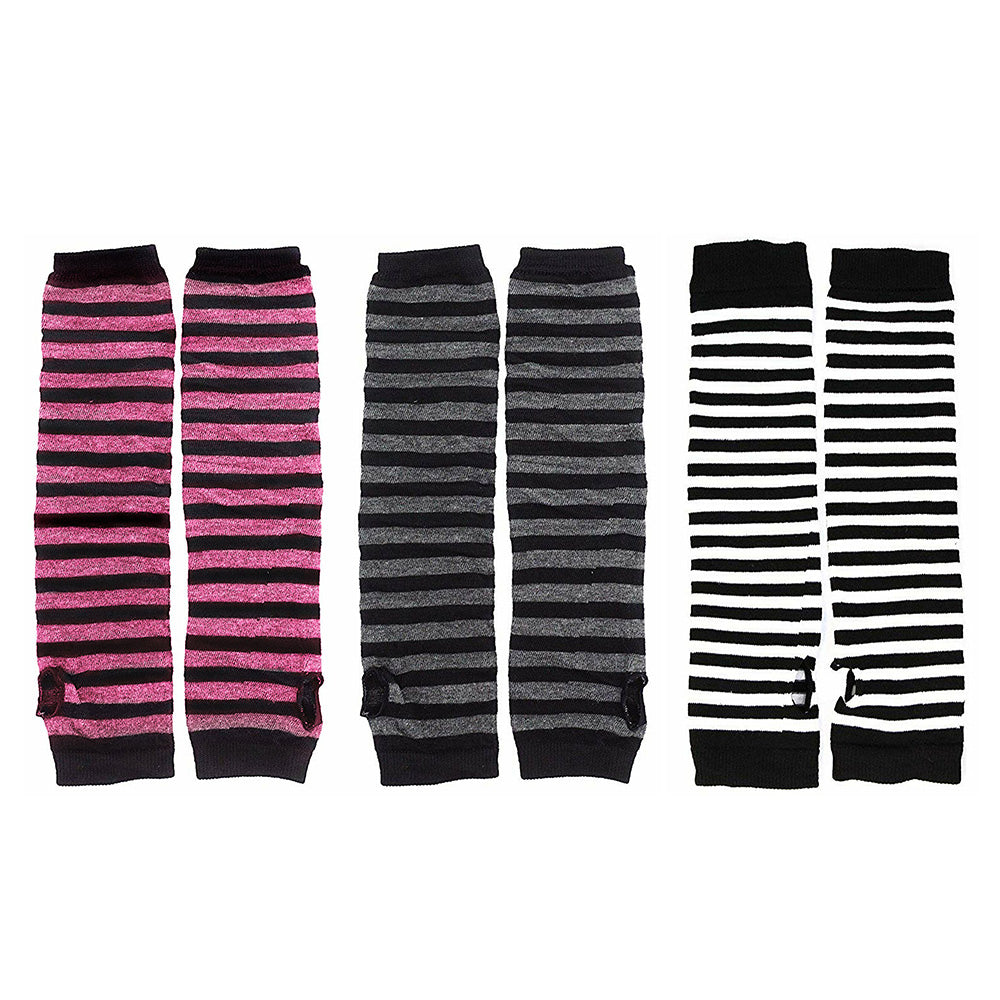3 Pairs Women Fingerless Arm Warmers Striped Knit Winter Gloves
