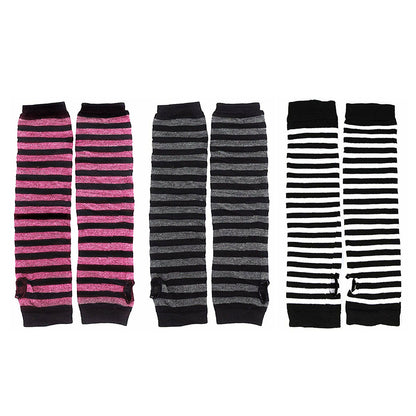 3 Pairs Women Fingerless Arm Warmers Striped Knit Winter Gloves