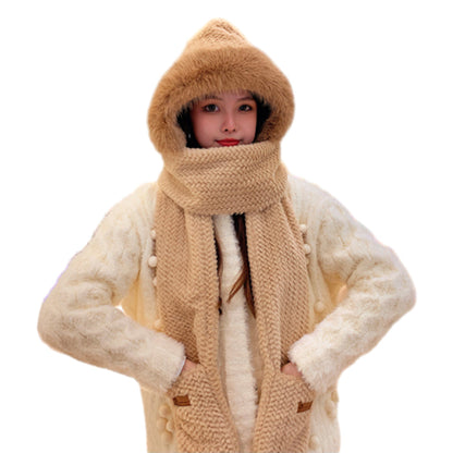 3-in-1 Hooded Scarf Hat Winter Warm Plush Hat with Gloves for Riding