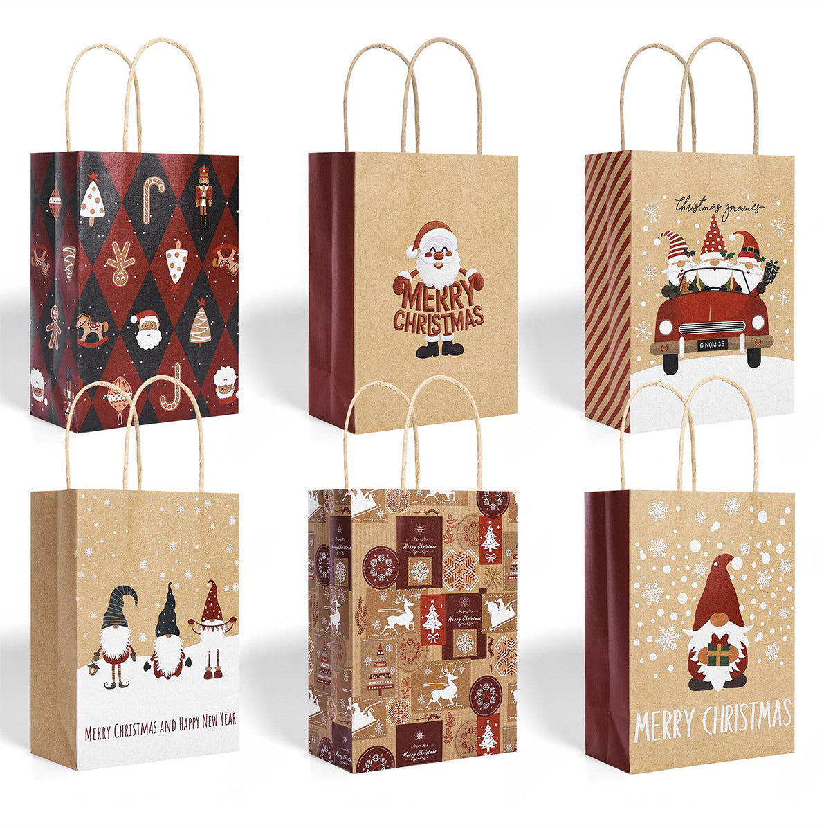 12 Pack Kraft Paper Christmas Gift Bags with Handles in 6 Designs
