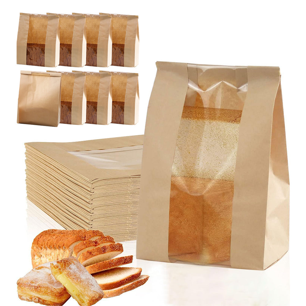 50Pcs Paper Bread Bags with Window Bakery Bags Stand Up Pouch Food Storage Bags