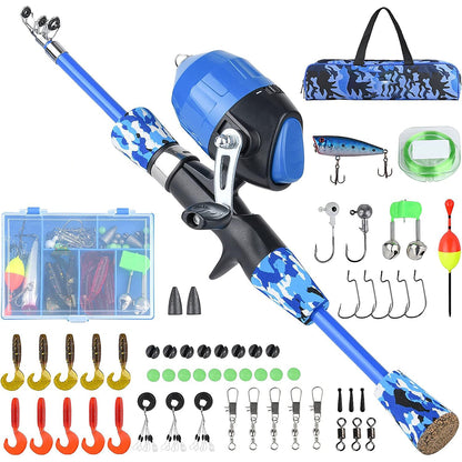 57Piece Set Telescopic Fishing Rod Kit for Beginner with Spinning Reel Lures - Blue