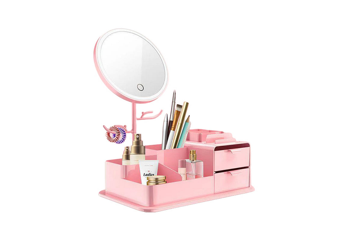 2Pcs Portable Makeup Storage Box With LED Light Up Mirror Storage Makeup Brushes-Purple And Pink
