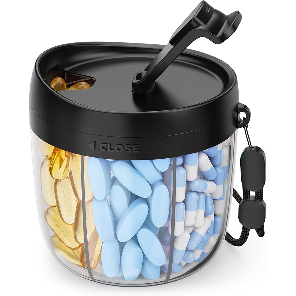 7-Compartment Pill Organizer Bottle with Handle & Rotating Lid for Travel Black