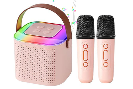 Bluetooth Mini Karaoke Machine Karaoke Speaker with 2 Wireless Microphones and Party Lights for Family Birthday Gifts -Pink