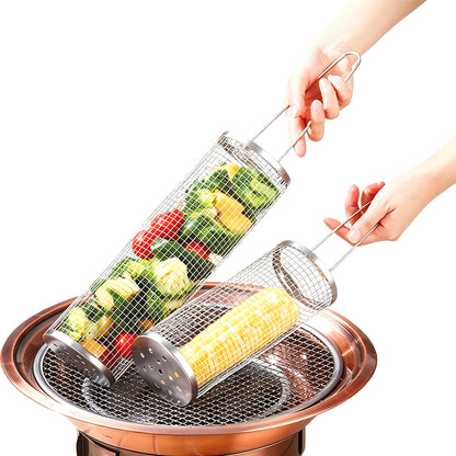 2 Pack Rolling Grill Basket Locking Lid Stainless Steel BBQ Cage