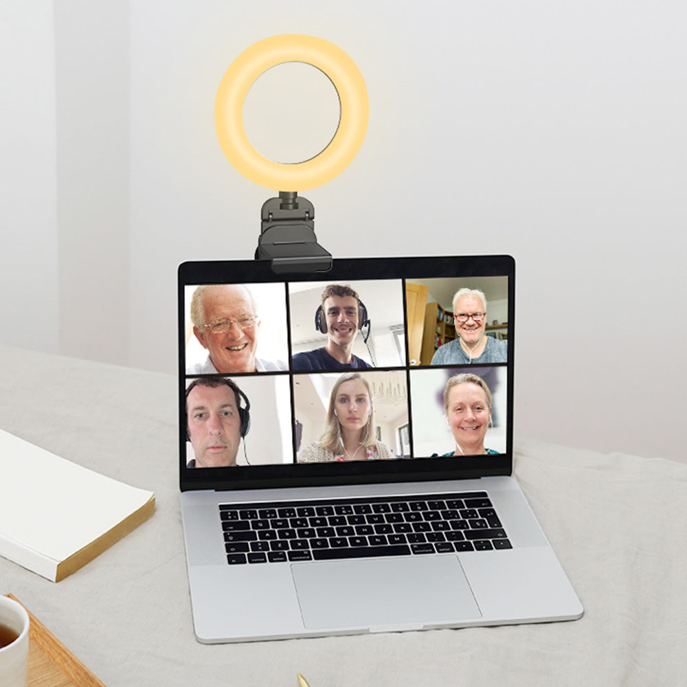 180 Degrees Rotating Clip On Ring Light for Laptop Desk Dimmable LED Selfie Light for Meeting Video Call Recording