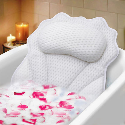 Bath Pillow with Headrest and 6 Suction Cups for Tub Support and Relaxation White