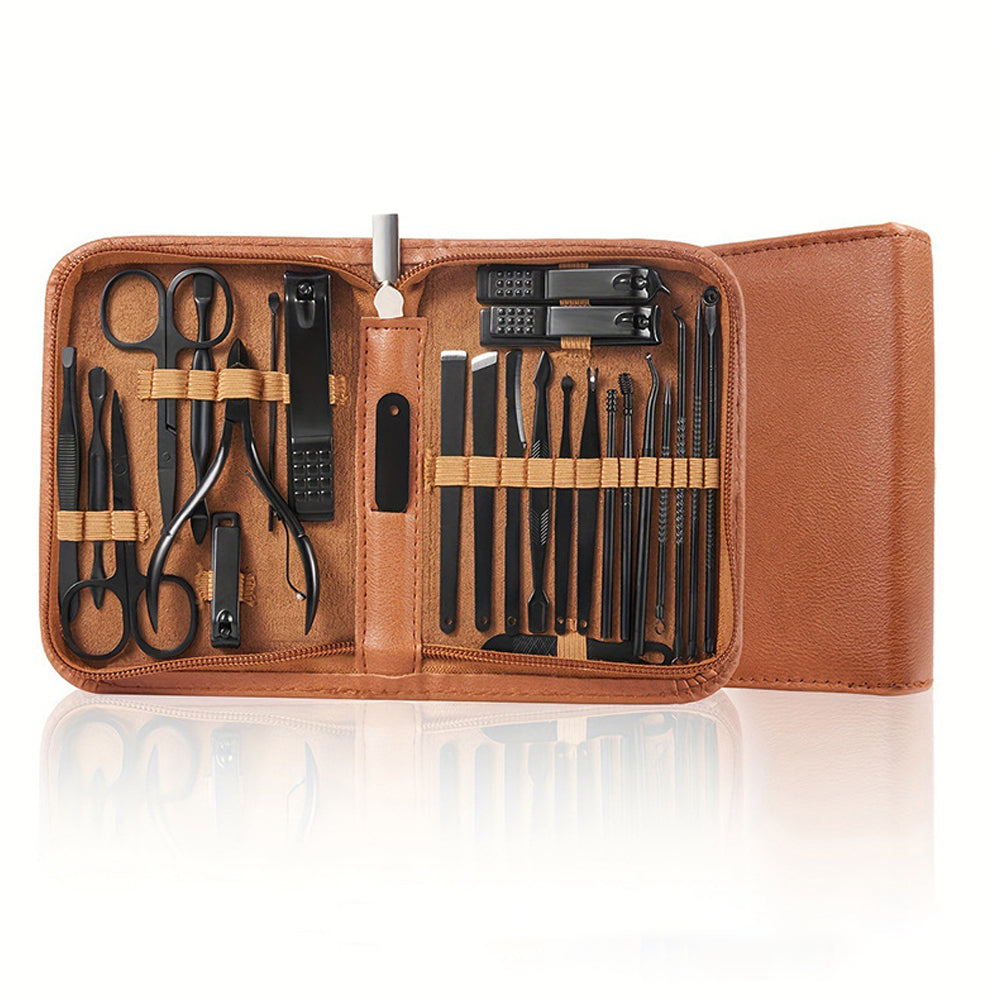 26Pcs Stainless Steel Nail Clipper Set Manicure Pedicure Kit Leather Case-Brown