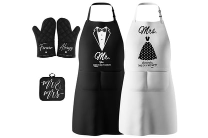 Mr and Mrs Aprons for Couple Gift Bridal Shower with Oven Glove and Pot Holder