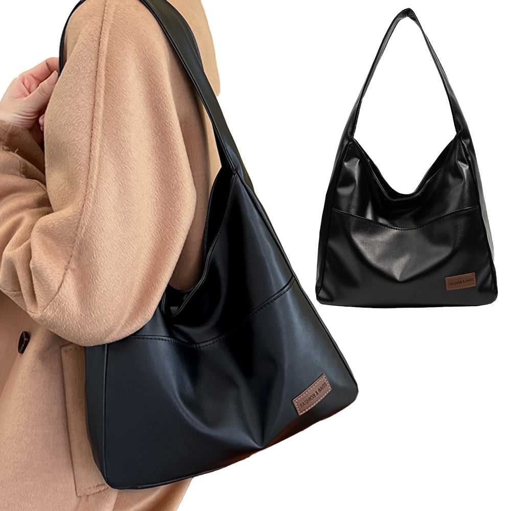 PU Leather Work Shoulder Bag Large Tote Bags for Women Bucket Handbag Black