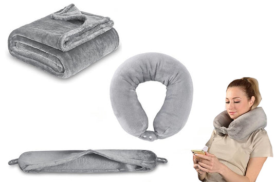 2 in 1 Travel Blanket and Pillow Flannel Blanket with Neck Pillow Case for Airplane Camping-Black