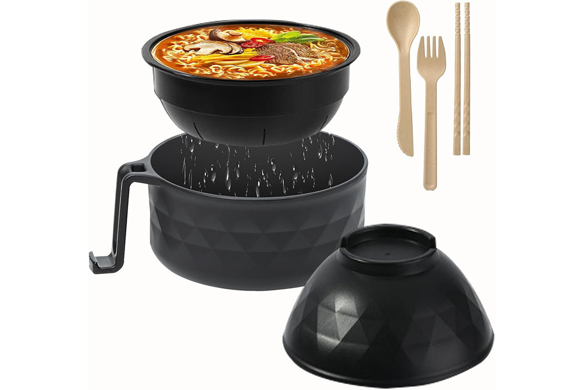 6Pcs Quick Microwave Ramen Bowl Cooker Set with Phone Holder Handle Ramen Noodle Cooker with Spoon Chopsticks Fork-Black