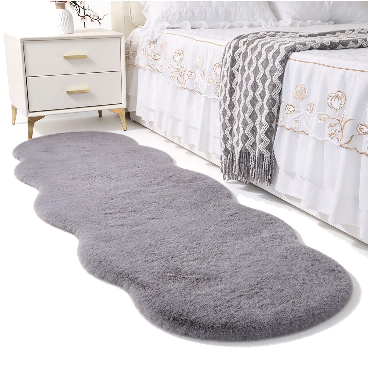 Soft Faux Rabbit Fur Rug for Bedroom Living Room and Bedside - Grey