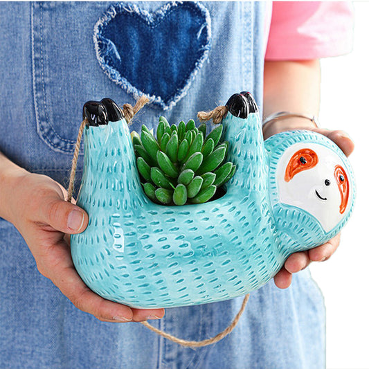 Sloth Hanging Planters Pots Cute Wall Planter Succulent Air Plants Cactus Ceramic Flower Pot-Blue