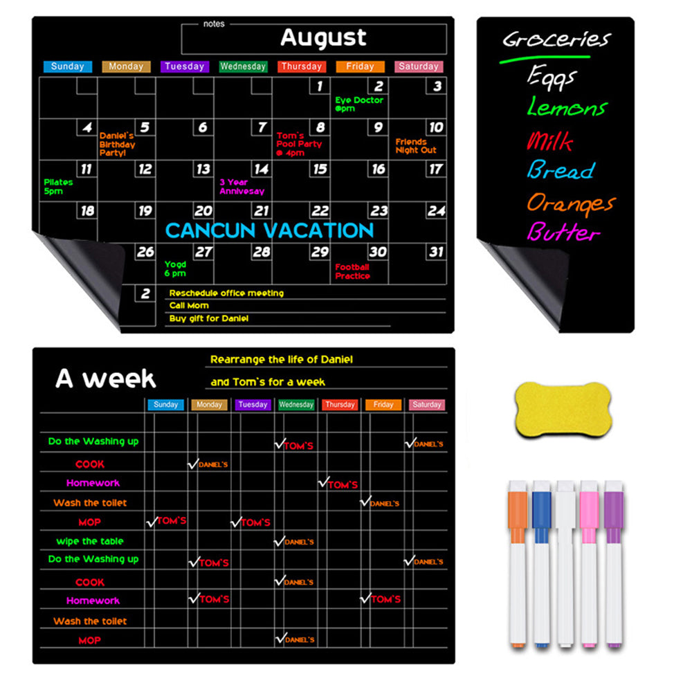 Magnetic Black Dry Erase Calendar Set Monthly Daily Planner Whiteboard Sheet for Fridge