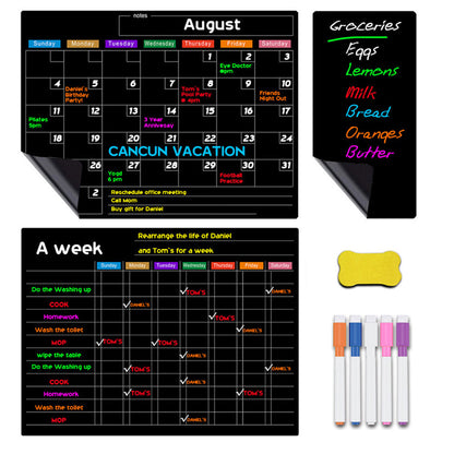 Magnetic Black Dry Erase Calendar Set Monthly Daily Planner Whiteboard Sheet for Fridge