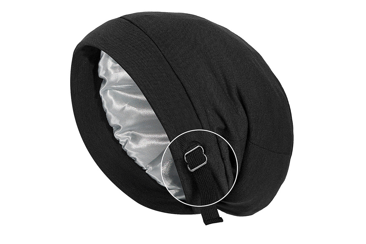 Sleeping Bonnet Hair Wrap Satin Cap Adjustable Night Soft Hat Headwear-Black