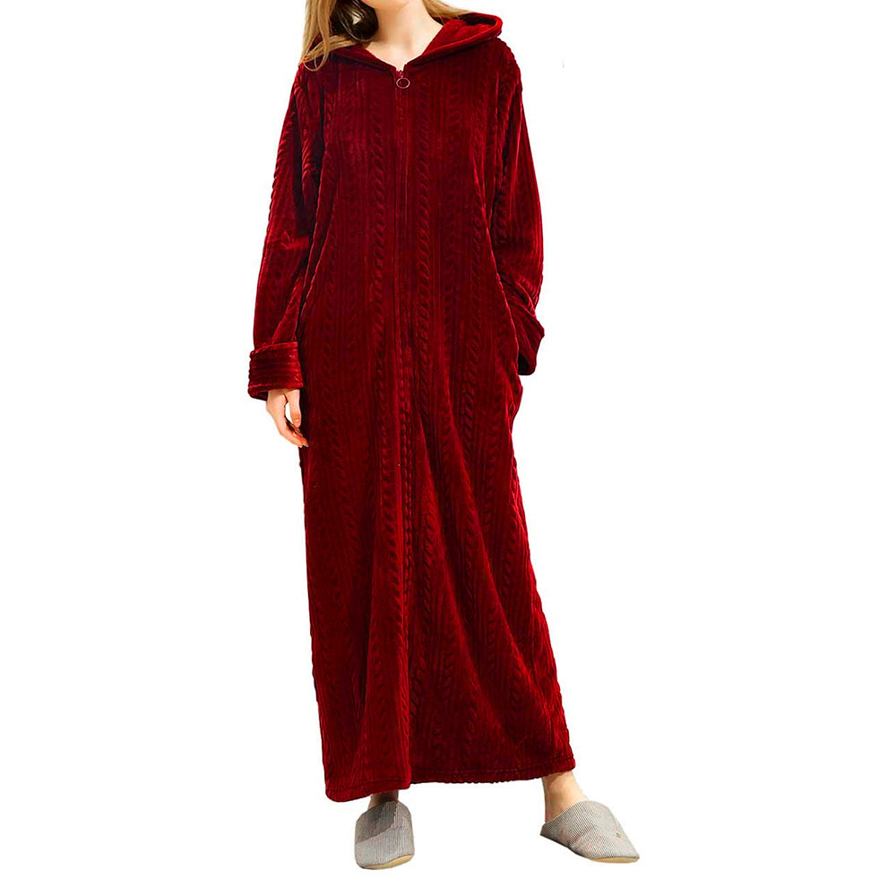 Unisex Bathrobe Fleece Robes Winter Warm Nightgown Sleepwear Pyjamas-Wine Red
