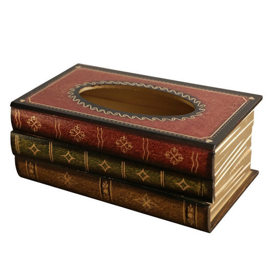 Retro Tissue Box Cover Wooden Antique Book Tissue Holder Dispenser Home Decor-Red