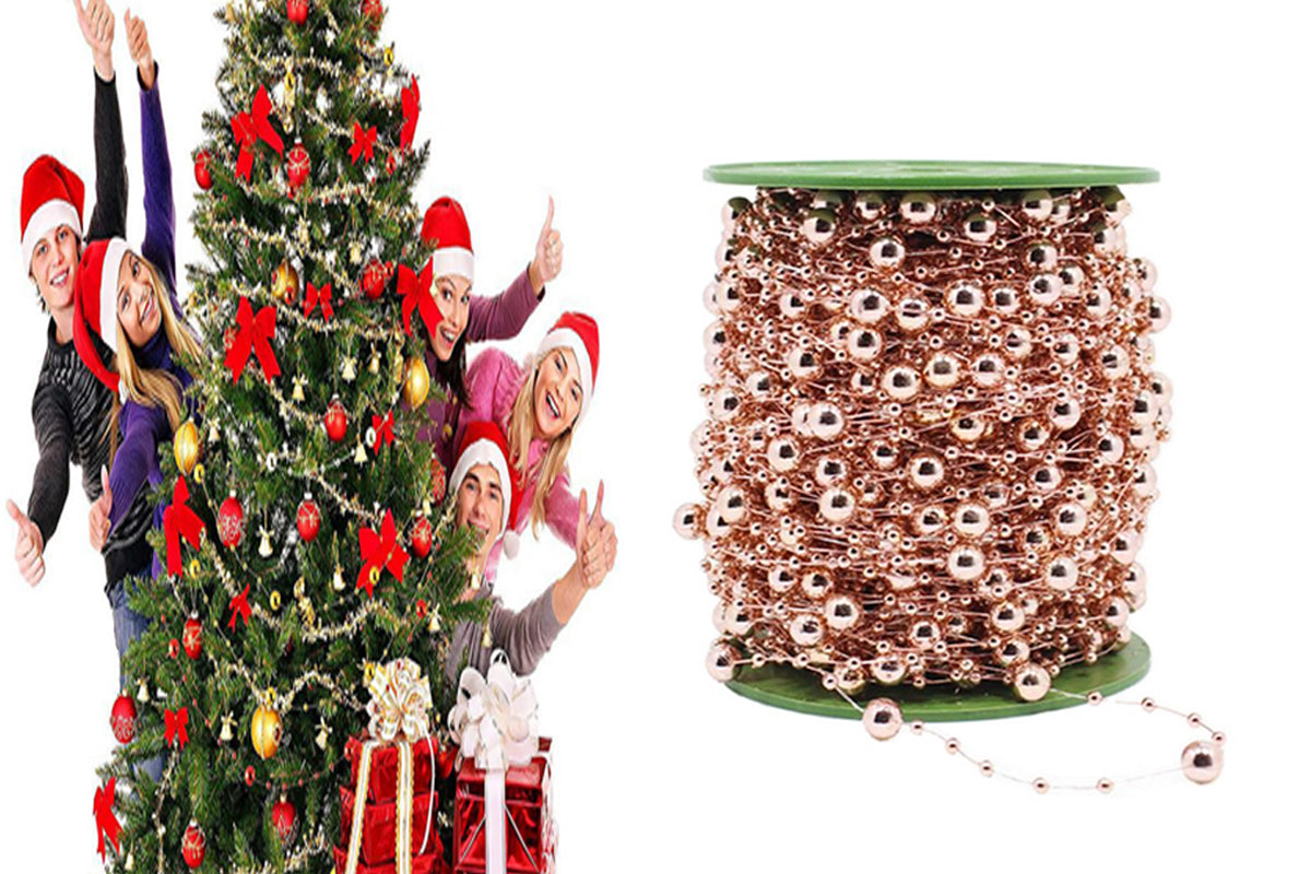 DIY Decor Christmas Tree Artificial Pearls Chain Plastic Bead Roll String-Rose Gold