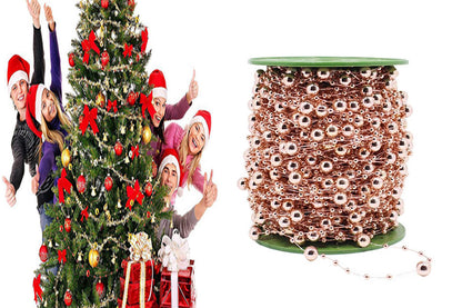 DIY Decor Christmas Tree Artificial Pearls Chain Plastic Bead Roll String-Rose Gold