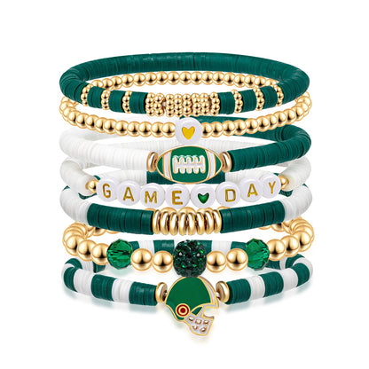 7 Piece Elastic Clay Bead Football Bracelet Stack Set - Green