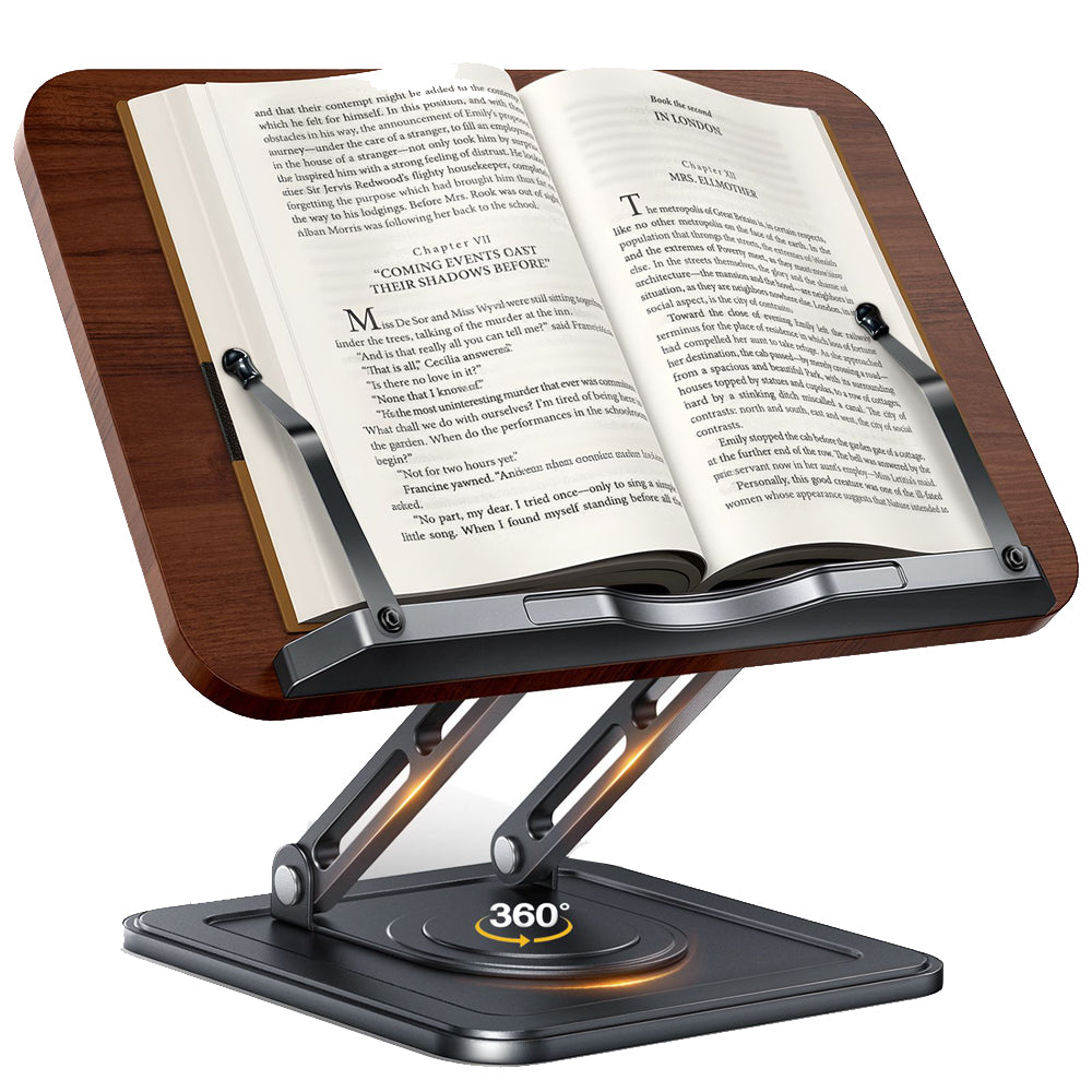 Book Stand for Reading 360-degree Rotating Holder with Page Clip - Black