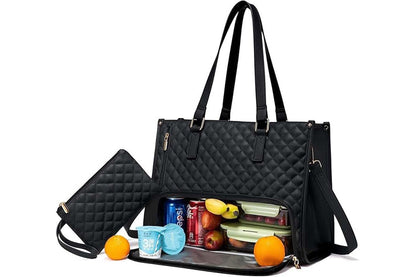 2-in-1 Tote Bag with Insulated Lunch Compartment and Wallet-Black