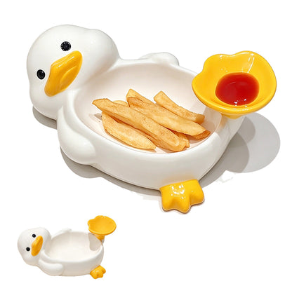 Ceramic Duck Shaped Snack Bowl with Built In Dipping Sauce Compartment