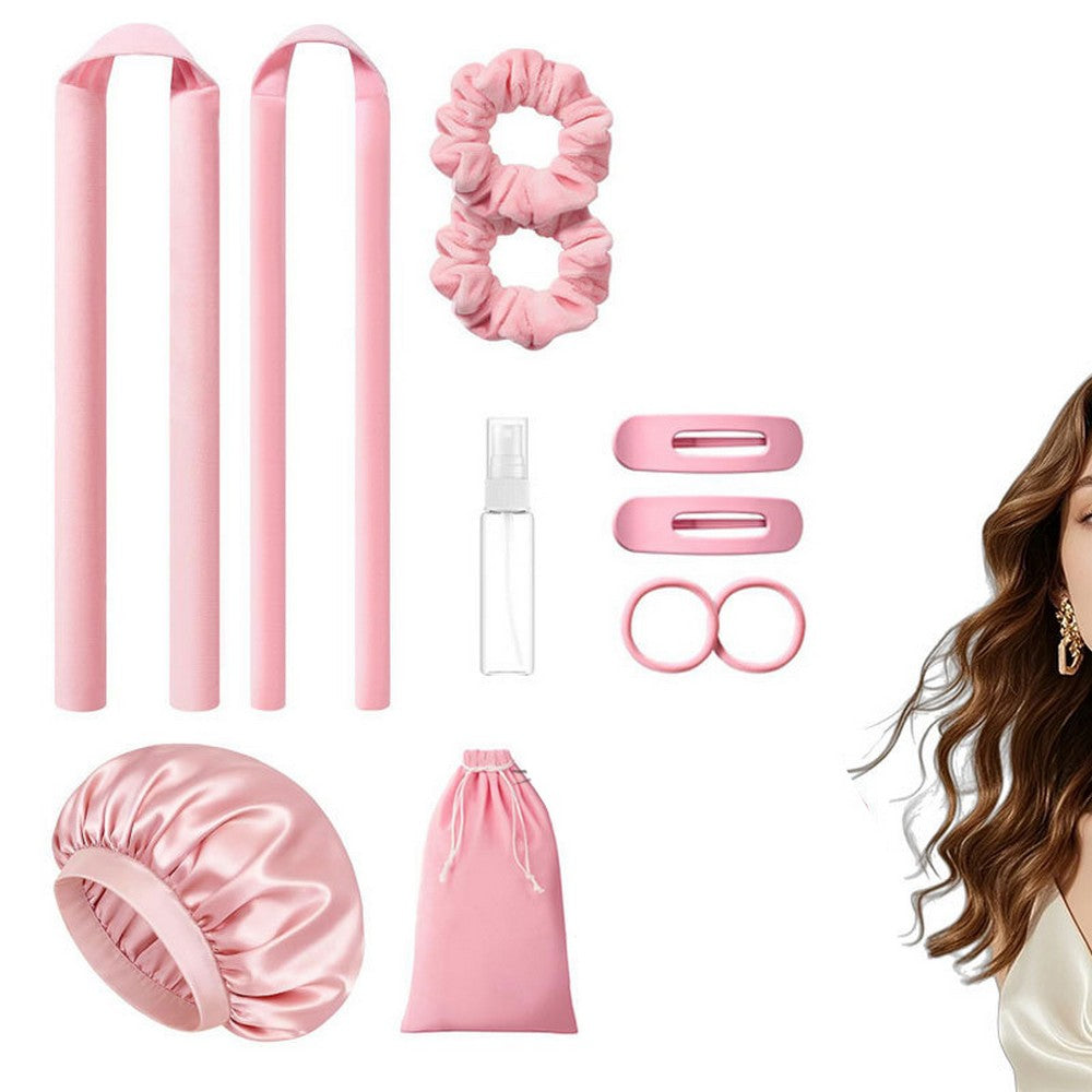 Heatless Curls Overnight 2 Sizes of Soft Hair Rollers with Scrunchies and Clips-Pink