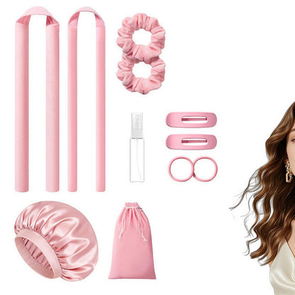 Heatless Curls Overnight 2 Sizes of Soft Hair Rollers with Scrunchies and Clips-Pink
