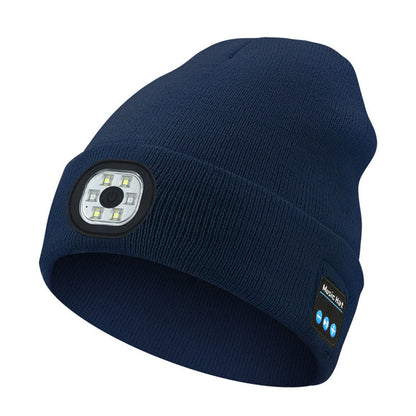 Unisex Wireless Bluetooth Headphone Hat LED Torch Beanies Navy