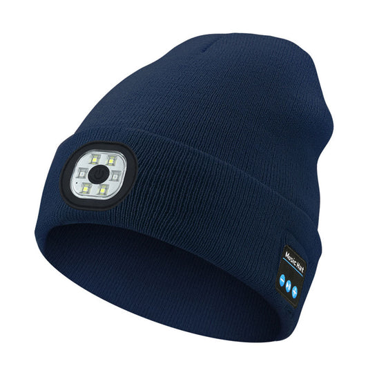 Unisex Wireless Bluetooth Headphone Hat LED Torch Beanies Navy