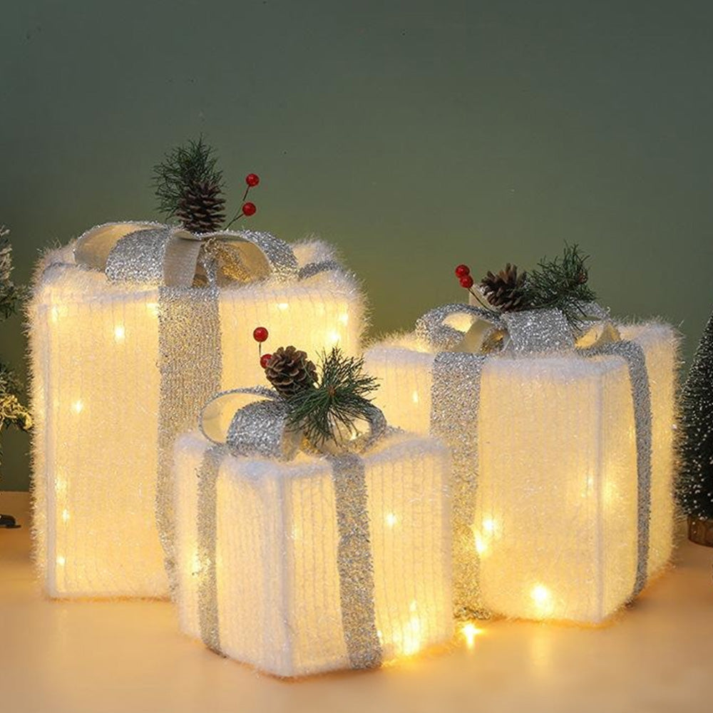 3PCS Lighted Christmas Gift Boxes with 8 Modes for Indoor and Outdoor Decor Silver