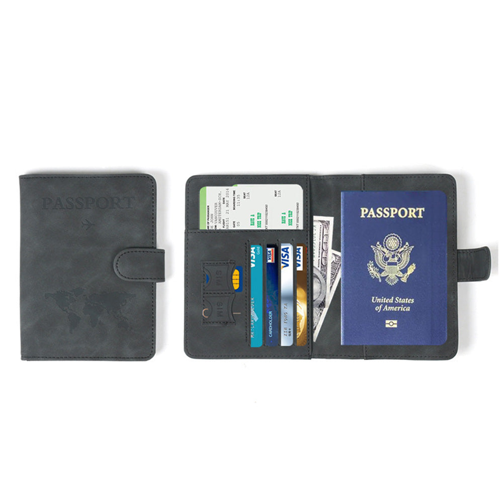 Passport Holder RFID Blocking Leather Cover Wallet With Magnetic Closure For Travel Essentials-Black