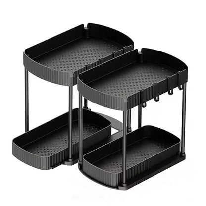 2Pcs Pull Out Storage Organizer Under Sink Shelf with 8 Hooks for Home Use