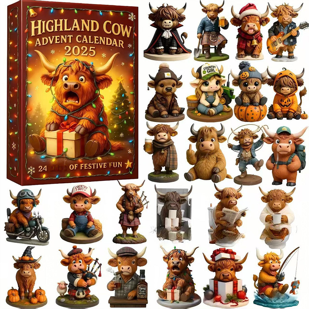 2D Highland Cow Advent Calendar 24-Day Christmas Countdown for Xmas Tree Style 1