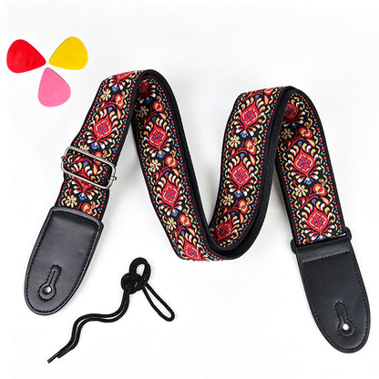 97-156cm Embroidered Acoustic Guitar Strap with 3 Picks- Red
