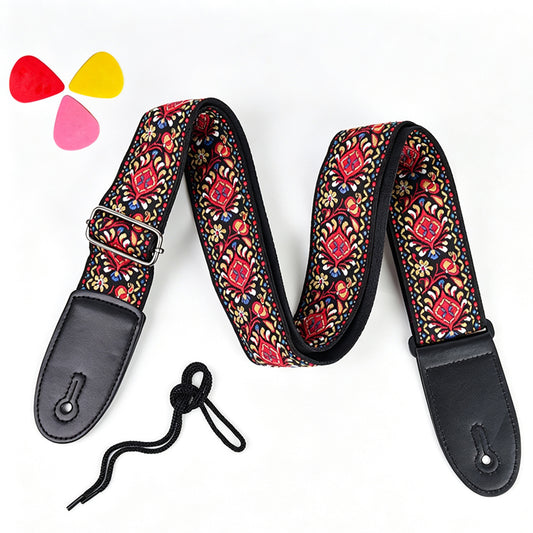 97-156cm Embroidered Acoustic Guitar Strap with 3 Picks- Red