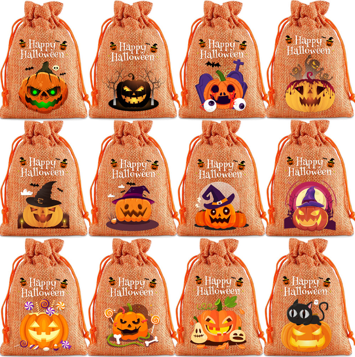 12 Pack Halloween Burlap Drawstring Gift Bags with Pumpkin Ghost Designs - Orange