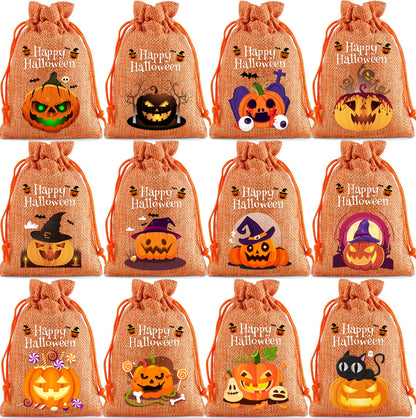 12 Pack Halloween Burlap Drawstring Gift Bags with Pumpkin Ghost Designs - Orange