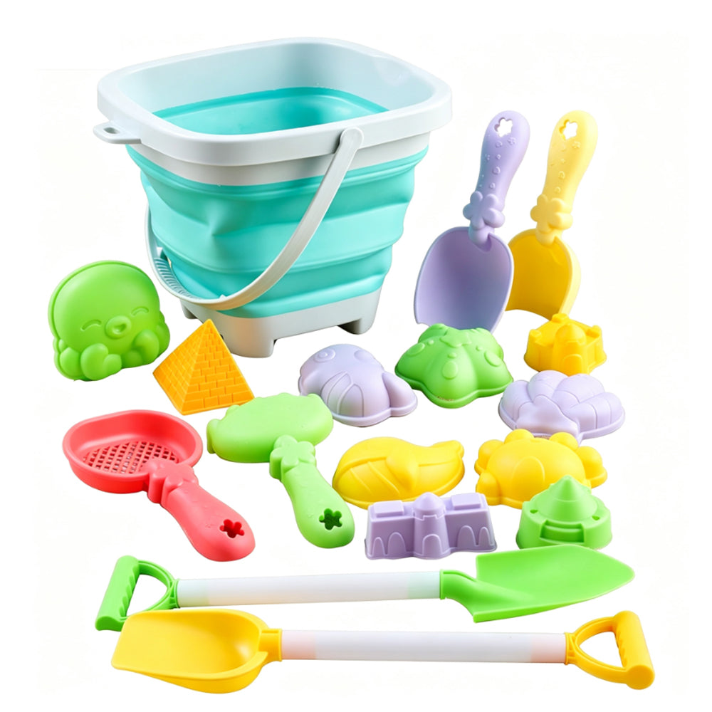 17 Piece Set Beach Toy Set with Foldable Sand Bucket- Green