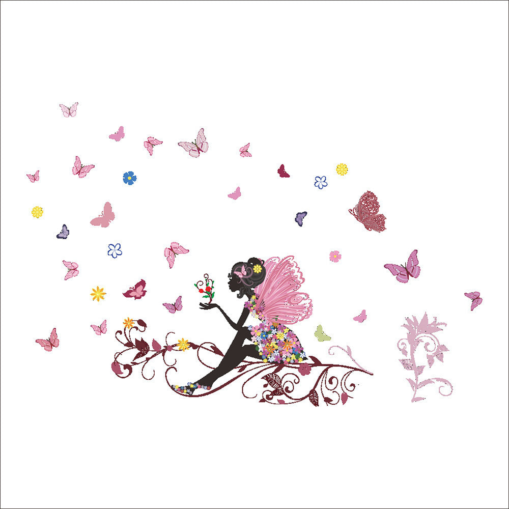 Butterfly Girl Wall Decal Flower Fairy Wall Sticker Colorful Butterflies Wall Decor