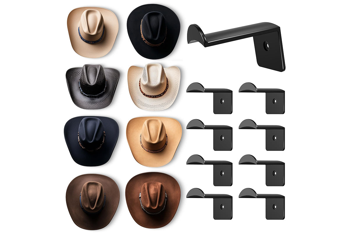 8Pcs Hat Hooks for Wall Cowboy Hat Rack Organizer for Baseball Caps -Black
