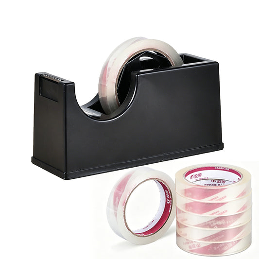 Heavy Duty Cello Tape Dispenser with 6 Roll Clear Tape-Black